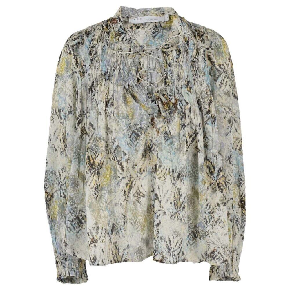 IRO Calli Green Multicolor Abstract Printed Mandarin Collar Lace-Up Top Size 32